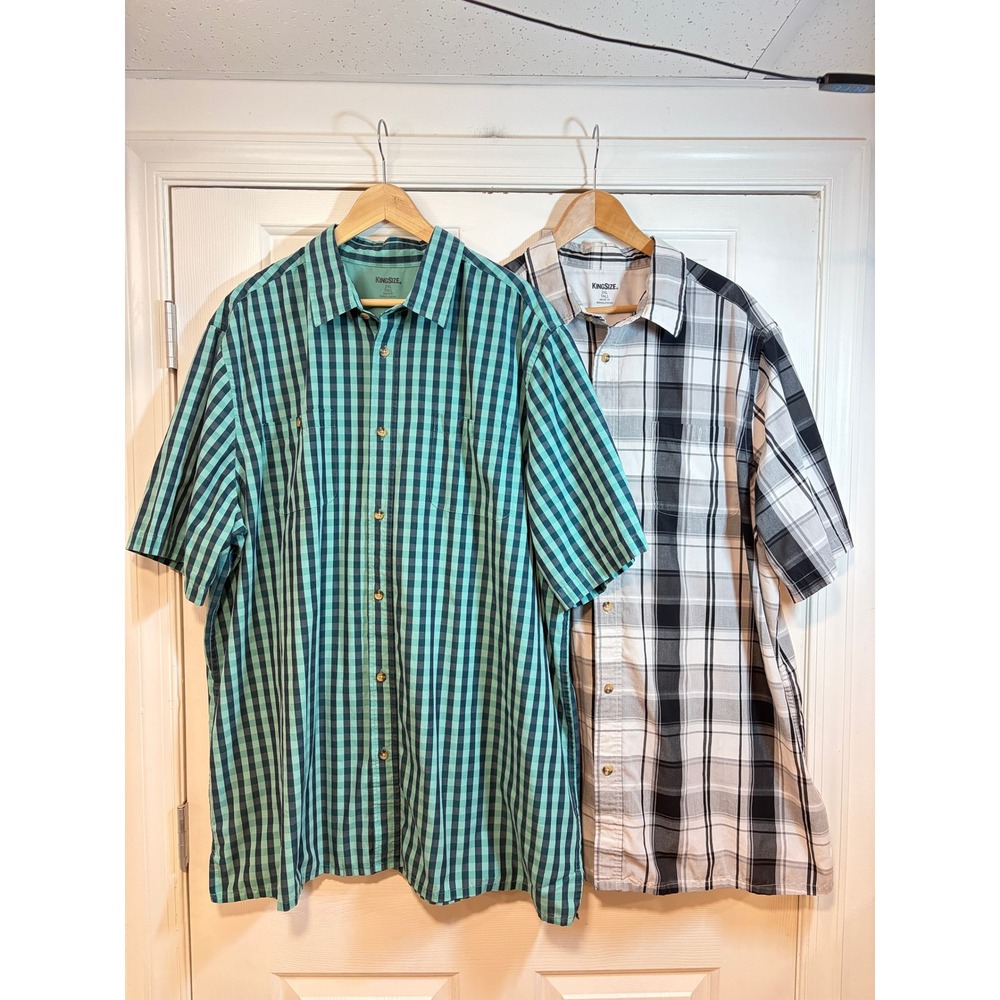 KingSize Lot of 2 Mens Plaid Short Sleeve Button Up Shirt 2XL Tall Cotton Casual